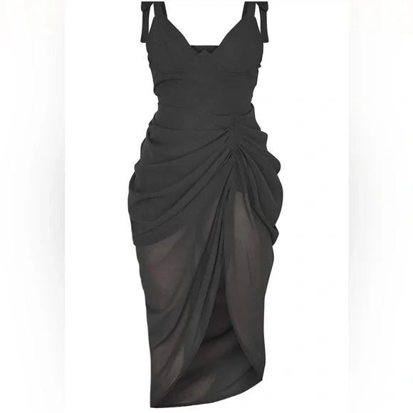 BLACK UNDERWIRE DETAIL DRAPED MIDI DRESS - Picture 2 of 9